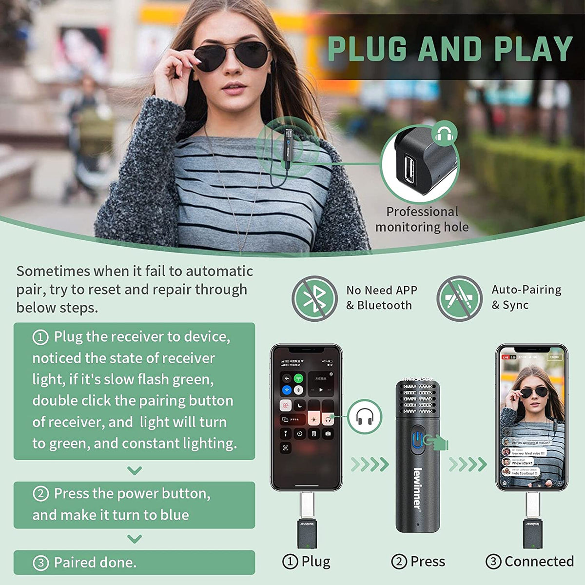 lewinner Wireless Lavalier Microphone for Computer iPhone iPad Android
